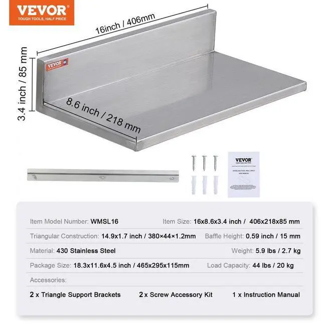 Alt view image 7 of 14 - VEVOR 8.6" x 16" Stainless Steel Shelf, Wall Mounted Floating Shelving with Backsplash, 44 lbs Load Capacity Commercial Shelves, Heavy Duty Storage Rack for Restaurant, Kitchen, Bar, Home, and Hotel