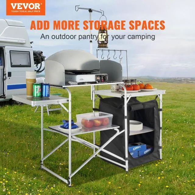 Alt view image 2 of 7 - VEVOR Camping Kitchen Table, Folding Outdoor Cooking Table with Storage Carrying Bag, Aluminum Cook Station 1 Cupboard & Detachable Windscreen, Quick Set-up for Picnics, BBQ, RV Traveling, Black