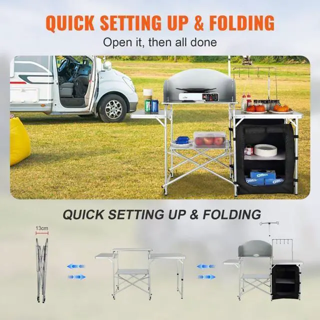 Alt view image 3 of 7 - VEVOR Camping Kitchen Table, Folding Outdoor Cooking Table with Storage Carrying Bag, Aluminum Cook Station 1 Cupboard & Detachable Windscreen, Quick Set-up for Picnics, BBQ, RV Traveling, Black