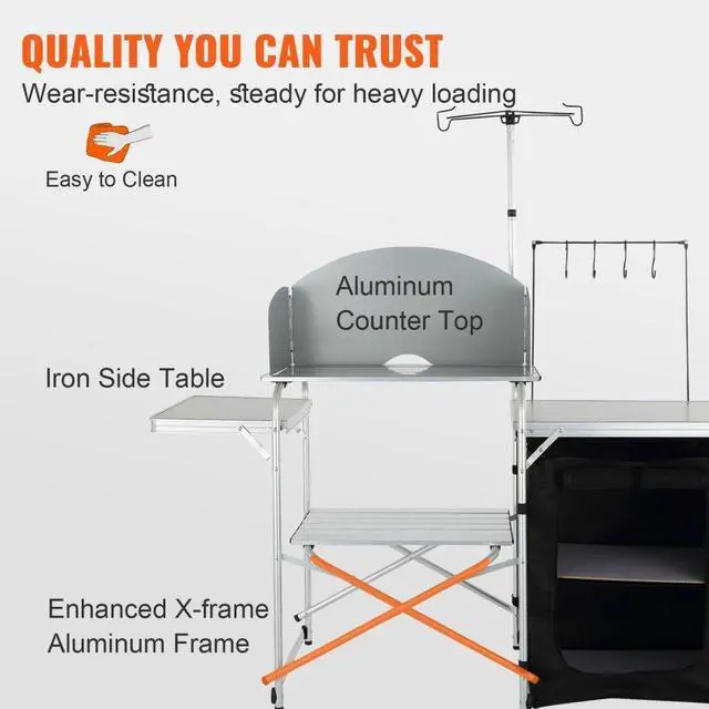 Alt view image 4 of 7 - VEVOR Camping Kitchen Table, Folding Outdoor Cooking Table with Storage Carrying Bag, Aluminum Cook Station 1 Cupboard & Detachable Windscreen, Quick Set-up for Picnics, BBQ, RV Traveling, Black