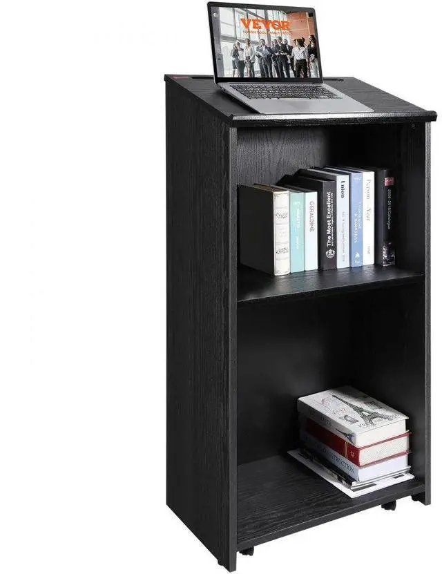 Main image of VEVOR Podium Stand, 47 in Hostess Stand with 4 Rolling Wheels, Wood Podium with Storage Shelves, and Slant Desktop, Lecterns & Podiums for Church, Office, School, Home, Black