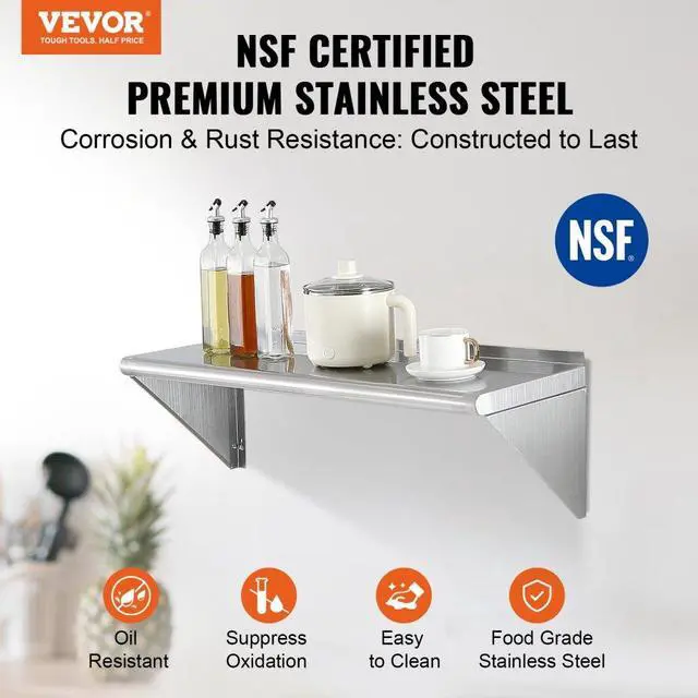 Alt view image 2 of 7 - VEVOR 12" x 36" Stainless Steel Shelf, Wall Mounted Floating Shelving with Brackets, 250 lbs Load Capacity Commercial Shelves, Heavy Duty Storage Rack for Restaurant, Kitchen, Bar, Home, and Hotel