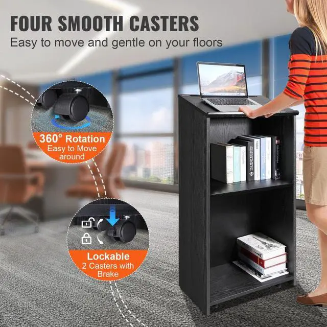 Alt view image 4 of 7 - VEVOR Podium Stand, 47 in Hostess Stand with 4 Rolling Wheels, Wood Podium with Storage Shelves, and Slant Desktop, Lecterns & Podiums for Church, Office, School, Home, Black