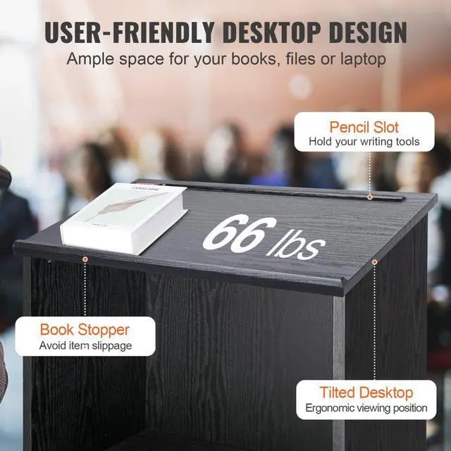 Alt view image 5 of 7 - VEVOR Podium Stand, 47 in Hostess Stand with 4 Rolling Wheels, Wood Podium with Storage Shelves, and Slant Desktop, Lecterns & Podiums for Church, Office, School, Home, Black