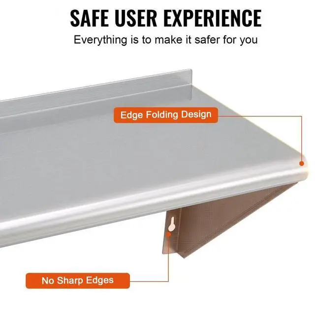 Alt view image 4 of 7 - VEVOR 12" x 36" Stainless Steel Shelf, Wall Mounted Floating Shelving with Brackets, 250 lbs Load Capacity Commercial Shelves, Heavy Duty Storage Rack for Restaurant, Kitchen, Bar, Home, and Hotel