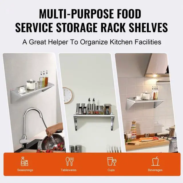 Alt view image 6 of 7 - VEVOR 12" x 36" Stainless Steel Shelf, Wall Mounted Floating Shelving with Brackets, 250 lbs Load Capacity Commercial Shelves, Heavy Duty Storage Rack for Restaurant, Kitchen, Bar, Home, and Hotel