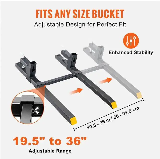 Alt view image 4 of 14 - VEVOR Pallet Forks, 2000 lbs Clamp on Pallet Forks, 43" Total Length Tractor Bucket Forks with Adjustable Stabilizer bar, Heavy Duty Pallet Forks for Tractor Attachments, Skid Steer, Loader Bucket