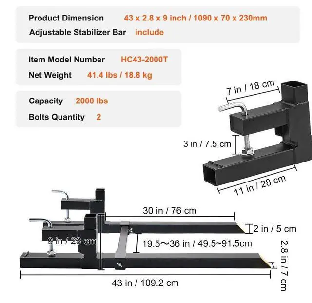 Alt view image 7 of 14 - VEVOR Pallet Forks, 2000 lbs Clamp on Pallet Forks, 43" Total Length Tractor Bucket Forks with Adjustable Stabilizer bar, Heavy Duty Pallet Forks for Tractor Attachments, Skid Steer, Loader Bucket