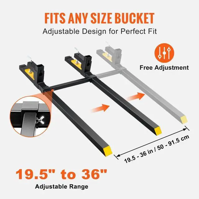 Alt view image 4 of 7 - VEVOR Pallet Forks, 2000 lbs Tractor Bucket Forks, 60" Total Length Clamp on Pallet Forks with Adjustable Stabilizer bar, Heavy Duty Pallet Forks for Tractor Attachments, Skid Steer, Loader Bucket