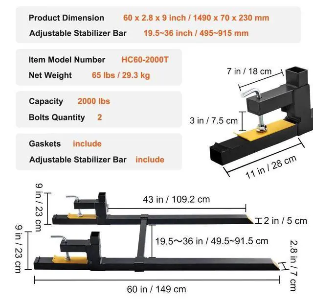 Alt view image 7 of 7 - VEVOR Pallet Forks, 2000 lbs Tractor Bucket Forks, 60" Total Length Clamp on Pallet Forks with Adjustable Stabilizer bar, Heavy Duty Pallet Forks for Tractor Attachments, Skid Steer, Loader Bucket