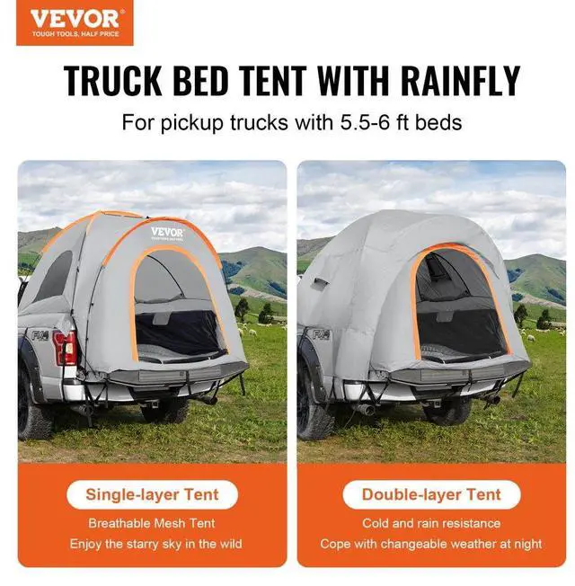 Alt view image 2 of 7 - VEVOR Truck Bed Tent, 5.5'-6' Pickup Truck Tent with Rain Layer and Carry Bag, Waterproof PU2000mm Double Layer Truck Tent for Camping, Accommodate 2-3 Person, for Camping Traveling Outdoor Activities