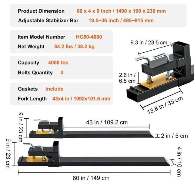 Alt view image 7 of 7 - VEVOR Pallet Forks, 4000 lbs Capacity clamp on Pallet Forks, 60" Tractor Bucket Forks, Heavy Duty Front Loader Attachment for Tractor, Loader Bucket, Skid Steer, Tractor Forks for Agriculture and Farm