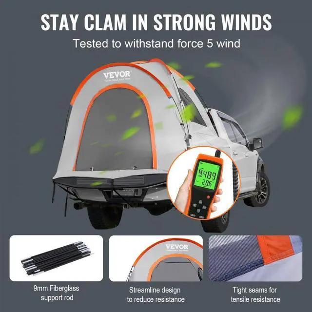 Alt view image 4 of 7 - VEVOR Truck Bed Tent, 5.5'-6' Pickup Truck Tent with Rain Layer and Carry Bag, Waterproof PU2000mm Double Layer Truck Tent for Camping, Accommodate 2-3 Person, for Camping Traveling Outdoor Activities