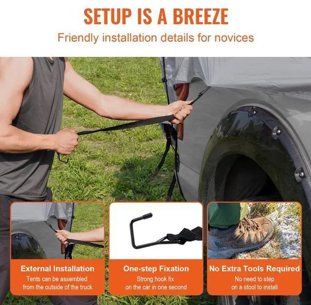 Alt view image 6 of 7 - VEVOR Truck Bed Tent, 5.5'-6' Pickup Truck Tent with Rain Layer and Carry Bag, Waterproof PU2000mm Double Layer Truck Tent for Camping, Accommodate 2-3 Person, for Camping Traveling Outdoor Activities