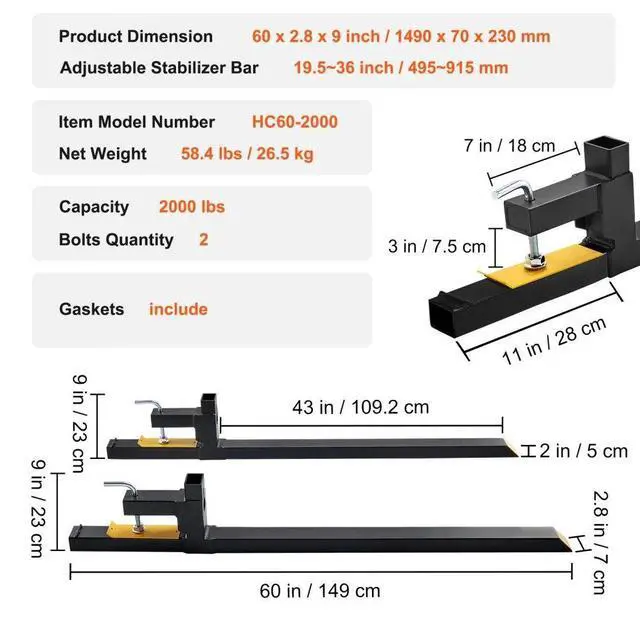 Alt view image 7 of 7 - VEVOR Clamp on Pallet Forks, 2000 lbs Capacity Pallet Forks, 60" Tractor Bucket Forks, Heavy Duty Front Loader Attachment for Loader Bucket, Tractor, Skid Steer, Tractor Forks for Agriculture and Farm