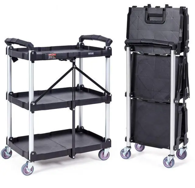 Main image of VEVOR Foldable Utility Service Cart, 3 Shelf 165LBS Heavy Duty Plastic Rolling Cart with Lockable Wheels, Ergonomic Handle, Portable Garage Tool Cart for Warehouse/Office/Home(25.62"x15.43"x32.76")