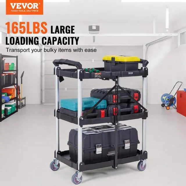 Alt view image 2 of 7 - VEVOR Foldable Utility Service Cart, 3 Shelf 165LBS Heavy Duty Plastic Rolling Cart with Lockable Wheels, Ergonomic Handle, Portable Garage Tool Cart for Warehouse/Office/Home(25.62"x15.43"x32.76")