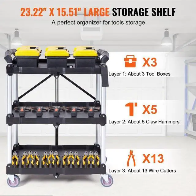 Alt view image 4 of 7 - VEVOR Foldable Utility Service Cart, 3 Shelf 165LBS Heavy Duty Plastic Rolling Cart with Lockable Wheels, Ergonomic Handle, Portable Garage Tool Cart for Warehouse/Office/Home(25.62"x15.43"x32.76")