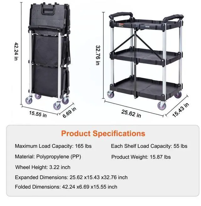 Alt view image 7 of 7 - VEVOR Foldable Utility Service Cart, 3 Shelf 165LBS Heavy Duty Plastic Rolling Cart with Lockable Wheels, Ergonomic Handle, Portable Garage Tool Cart for Warehouse/Office/Home(25.62"x15.43"x32.76")