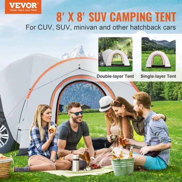 Alt view image 2 of 7 - VEVOR SUV Camping Tent, 8'-8' SUV Tent Attachment for Camping with Rain Layer and Carry Bag, PU2000mm Double Layer Truck Tent, Accommodate 6-8 Person, Rear Tent for Van Hatch Tailgate