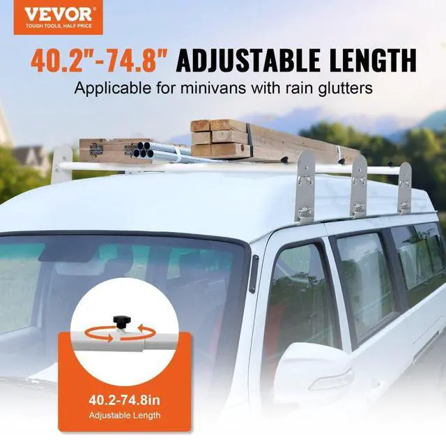Alt view image 2 of 7 - VEVOR Van Roof Ladder Rack, 3 Bars Alloy Steel Roof Racks, 750 LBS Capacity Rain-Gutter Roof Rack, Adjustable Length 40.2" to 74.8", Van Ladder Rack Compatible with Chevrolet Express, GMC Savana, etc