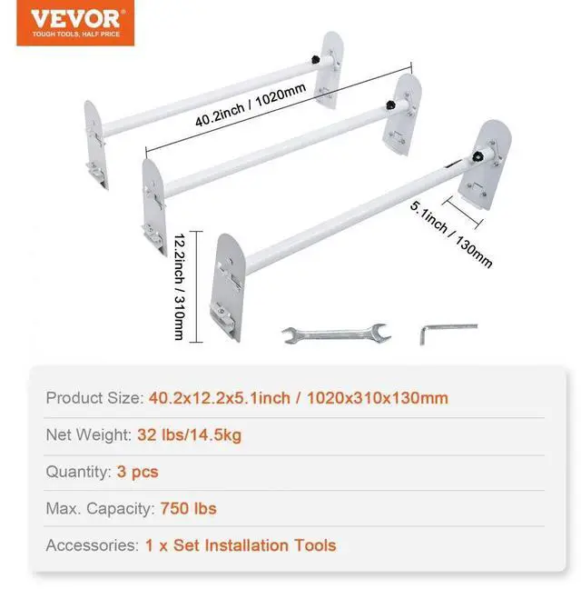 Alt view image 7 of 7 - VEVOR Van Roof Ladder Rack, 3 Bars Alloy Steel Roof Racks, 750 LBS Capacity Rain-Gutter Roof Rack, Adjustable Length 40.2" to 74.8", Van Ladder Rack Compatible with Chevrolet Express, GMC Savana, etc