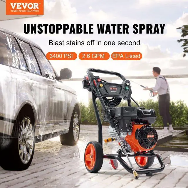Alt view image 2 of 7 - VEVOR Gas Pressure Washer, 3400 PSI 2.6 GPM, Gas Powered Pressure Washer with Aluminum Pump, Spray Gun and Extension Wand, 5 Quick Connect Nozzles, for Cleaning Cars, Homes, Driveways, Patios