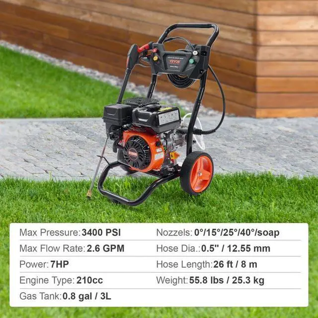 Alt view image 7 of 7 - VEVOR Gas Pressure Washer, 3400 PSI 2.6 GPM, Gas Powered Pressure Washer with Aluminum Pump, Spray Gun and Extension Wand, 5 Quick Connect Nozzles, for Cleaning Cars, Homes, Driveways, Patios