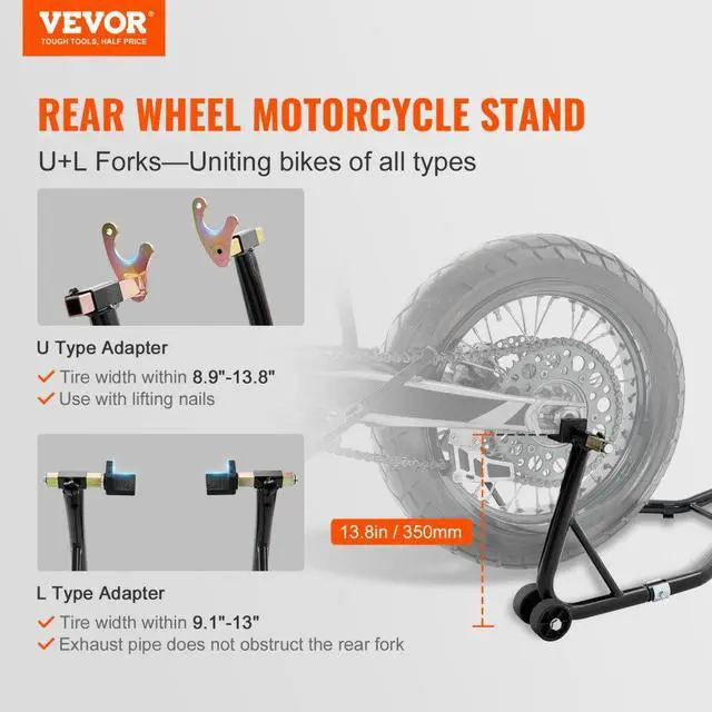 Alt view image 2 of 7 - VEVOR Motorcycle Rear Wheel Stand, with U + L Fork Swingarm Spool, 850 lbs Capacity Heavy Duty Rear Wheel Stand Motorcycle Lift Jack Stand, for Suzuki Yamaha Honda Kawasaki, Black