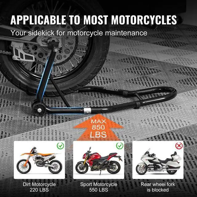 Alt view image 4 of 7 - VEVOR Motorcycle Rear Wheel Stand, with U + L Fork Swingarm Spool, 850 lbs Capacity Heavy Duty Rear Wheel Stand Motorcycle Lift Jack Stand, for Suzuki Yamaha Honda Kawasaki, Black
