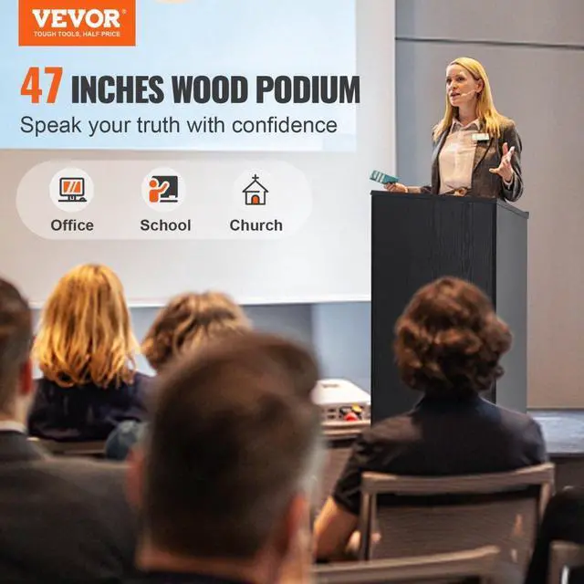 Alt view image 2 of 7 - VEVOR Podium Stand, 47 in Hostess Stand with 4 Rolling Wheels, Wood Podium with Storage Shelves, and Slant Desktop, Lecterns & Podiums for Church, Office, School, Home, Black