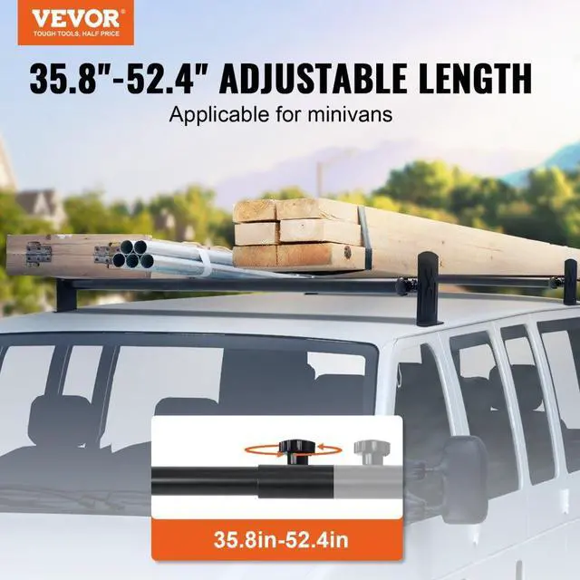 Alt view image 2 of 7 - VEVOR Van Roof Ladder Rack, 2 Bars Alloy Steel Roof Racks, 500 LBS Capacity Rain-Gutter Roof Rack, Adjustable Length 35.8"-57.5", Van Ladder Rack Compatible with Chevrolet Express, GMC Savana, etc