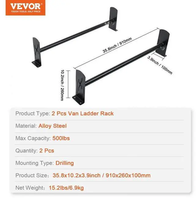 Alt view image 7 of 7 - VEVOR Van Roof Ladder Rack, 2 Bars Alloy Steel Roof Racks, 500 LBS Capacity Rain-Gutter Roof Rack, Adjustable Length 35.8"-57.5", Van Ladder Rack Compatible with Chevrolet Express, GMC Savana, etc