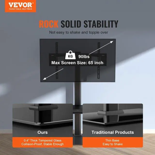 Alt view image 3 of 8 - VEVOR TV Stand Mount, Swivel Tall TV Stand for 32 to 65 inch TVs, Height Adjustable Portable Floor TV Stand with Tempered Glass Base for Bedroom, Living Room