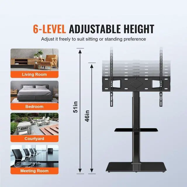 Alt view image 4 of 8 - VEVOR TV Stand Mount, Swivel Tall TV Stand for 32 to 65 inch TVs, Height Adjustable Portable Floor TV Stand with Tempered Glass Base for Bedroom, Living Room