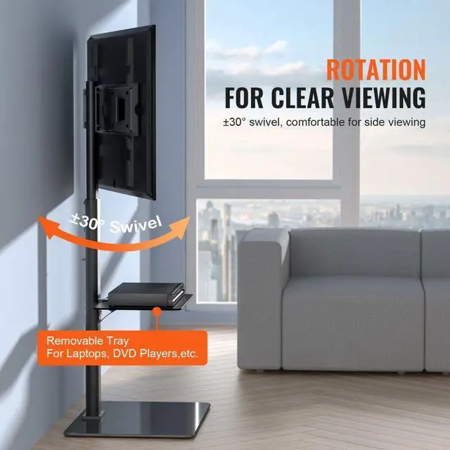 Alt view image 5 of 8 - VEVOR TV Stand Mount, Swivel Tall TV Stand for 32 to 65 inch TVs, Height Adjustable Portable Floor TV Stand with Tempered Glass Base for Bedroom, Living Room