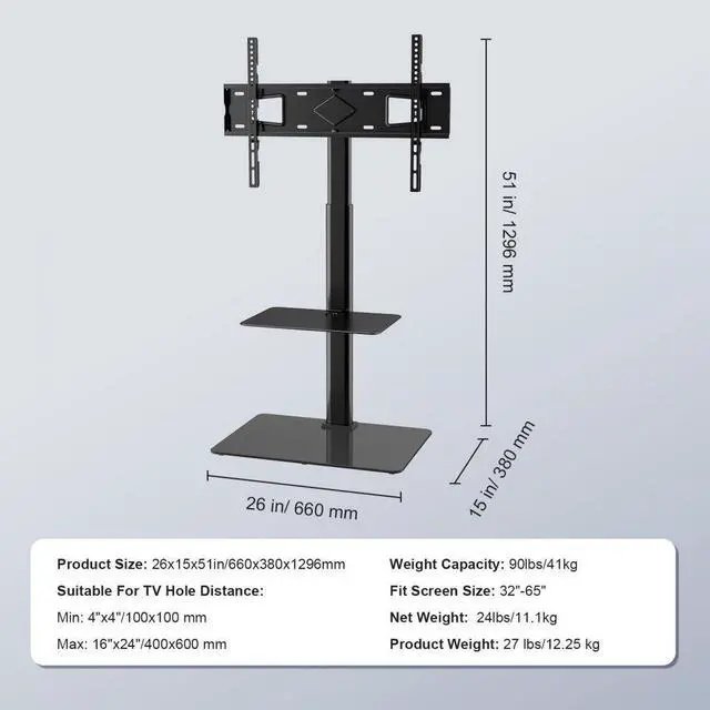 Alt view image 8 of 8 - VEVOR TV Stand Mount, Swivel Tall TV Stand for 32 to 65 inch TVs, Height Adjustable Portable Floor TV Stand with Tempered Glass Base for Bedroom, Living Room