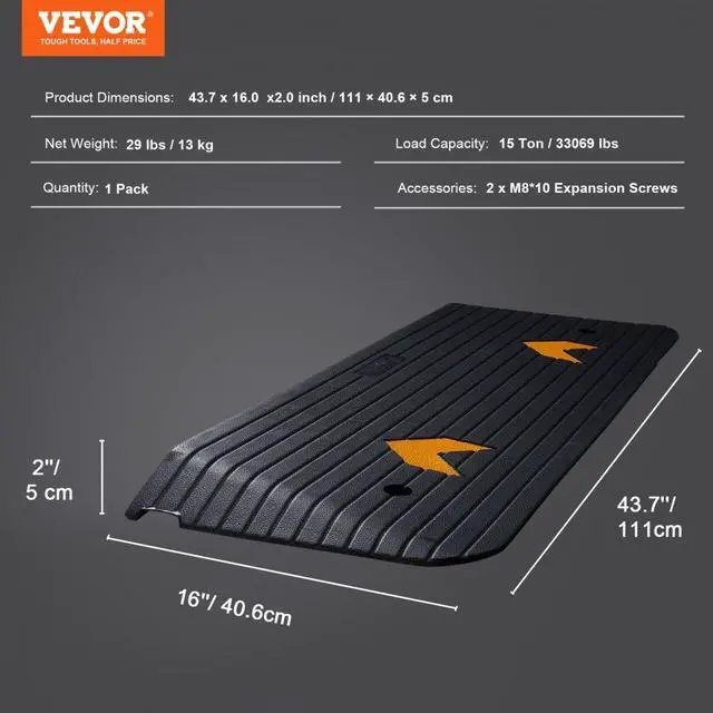 Alt view image 7 of 14 - VEVOR Rubber Threshold Ramp, 2" Rise Threshold Ramp Doorway, Recycled Rubber Power Threshold Ramp Rated 33069 lbs Load Capacity, Non-Slip Surface Rubber Solid Threshold Ramp for Wheelchair and Scooter