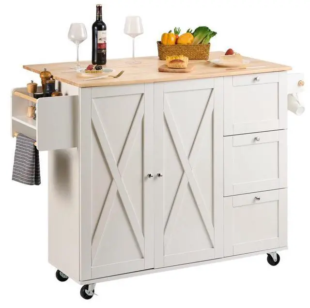 Main image of VEVOR Kitchen Island Cart with Solid Wood Top, 45.3" Width Mobile Carts with Storage Cabinet, Rolling Kitchen Table with Spice Rack, Towel Rack, Drop Leaf and Drawer, Portable Islands on Wheels, White