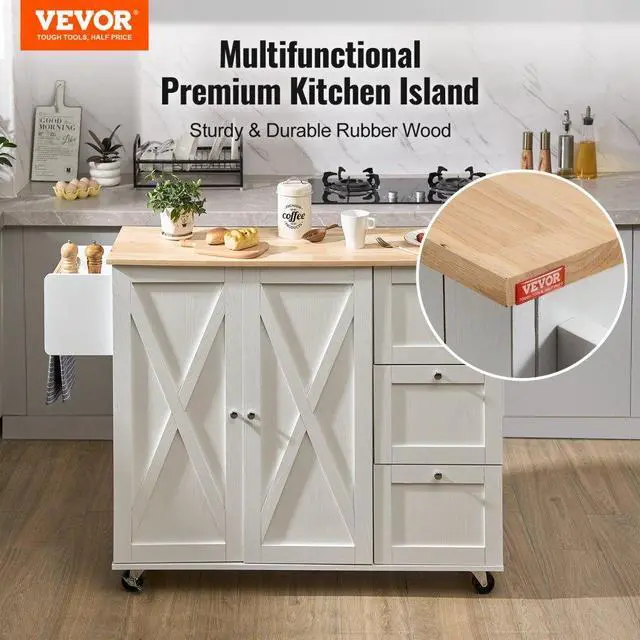 Alt view image 2 of 7 - VEVOR Kitchen Island Cart with Solid Wood Top, 45.3" Width Mobile Carts with Storage Cabinet, Rolling Kitchen Table with Spice Rack, Towel Rack, Drop Leaf and Drawer, Portable Islands on Wheels, White