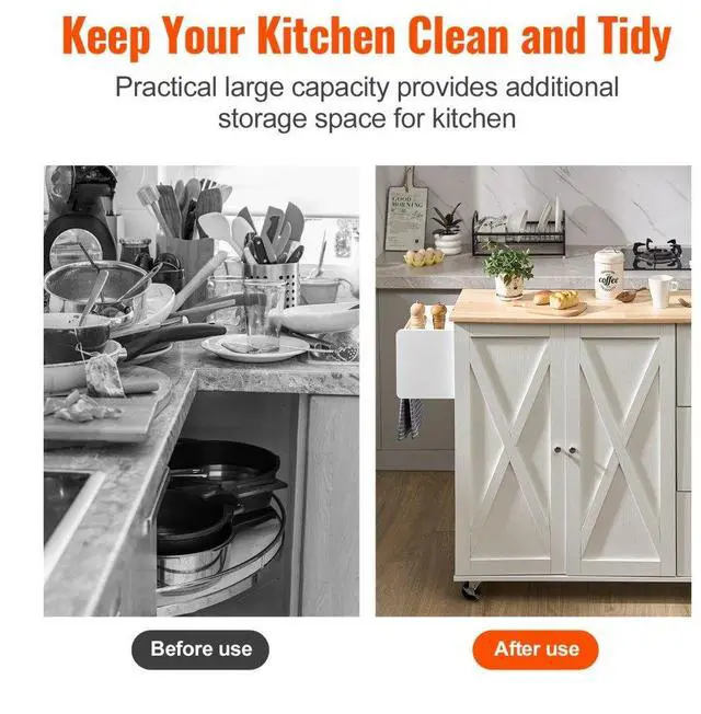 Alt view image 3 of 7 - VEVOR Kitchen Island Cart with Solid Wood Top, 45.3" Width Mobile Carts with Storage Cabinet, Rolling Kitchen Table with Spice Rack, Towel Rack, Drop Leaf and Drawer, Portable Islands on Wheels, White