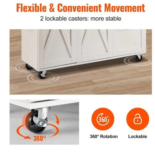 Alt view image 4 of 7 - VEVOR Kitchen Island Cart with Solid Wood Top, 45.3" Width Mobile Carts with Storage Cabinet, Rolling Kitchen Table with Spice Rack, Towel Rack, Drop Leaf and Drawer, Portable Islands on Wheels, White