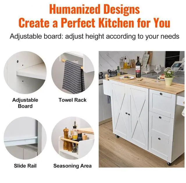 Alt view image 5 of 7 - VEVOR Kitchen Island Cart with Solid Wood Top, 45.3" Width Mobile Carts with Storage Cabinet, Rolling Kitchen Table with Spice Rack, Towel Rack, Drop Leaf and Drawer, Portable Islands on Wheels, White