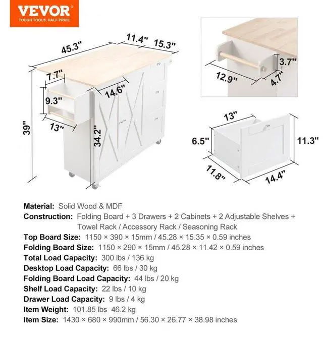Alt view image 7 of 7 - VEVOR Kitchen Island Cart with Solid Wood Top, 45.3" Width Mobile Carts with Storage Cabinet, Rolling Kitchen Table with Spice Rack, Towel Rack, Drop Leaf and Drawer, Portable Islands on Wheels, White