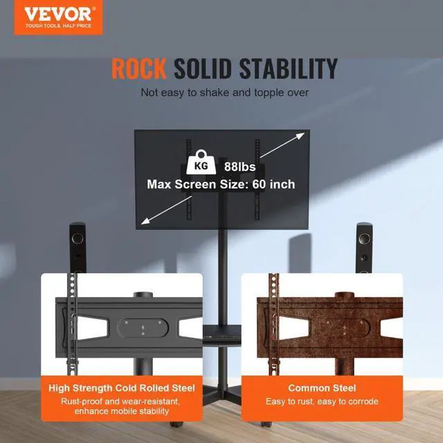 Alt view image 2 of 14 - VEVOR Mobile TV Stand, Mobile TV Cart for 23 to 60 inch TVs, Height Adjustable Portable TV Stand with Wheels, with A Tray for Audio-Visual Devices, Rolling TV Stand with Mount for Bedroom, Living Room