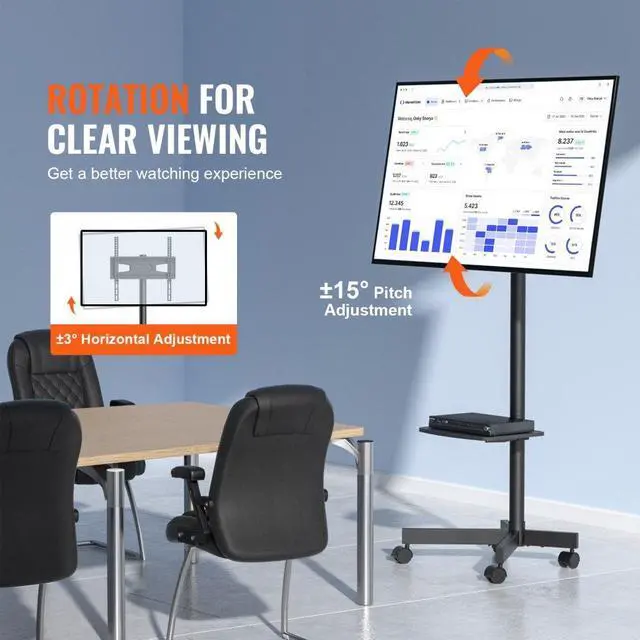 Alt view image 3 of 14 - VEVOR Mobile TV Stand, Mobile TV Cart for 23 to 60 inch TVs, Height Adjustable Portable TV Stand with Wheels, with A Tray for Audio-Visual Devices, Rolling TV Stand with Mount for Bedroom, Living Room