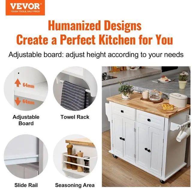 Alt view image 2 of 7 - VEVOR Kitchen Island Cart with Solid Wood Top, 35.4" Width Mobile Carts with Storage Cabinet, Rolling Kitchen Table with Spice Rack, Towel Rack, and Drawer, Portable Islands on Wheels, White