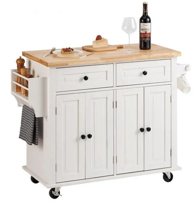 Main image of VEVOR Kitchen Island Cart with Solid Wood Top, 35.4" Width Mobile Carts with Storage Cabinet, Rolling Kitchen Table with Spice Rack, Towel Rack, and Drawer, Portable Islands on Wheels, White