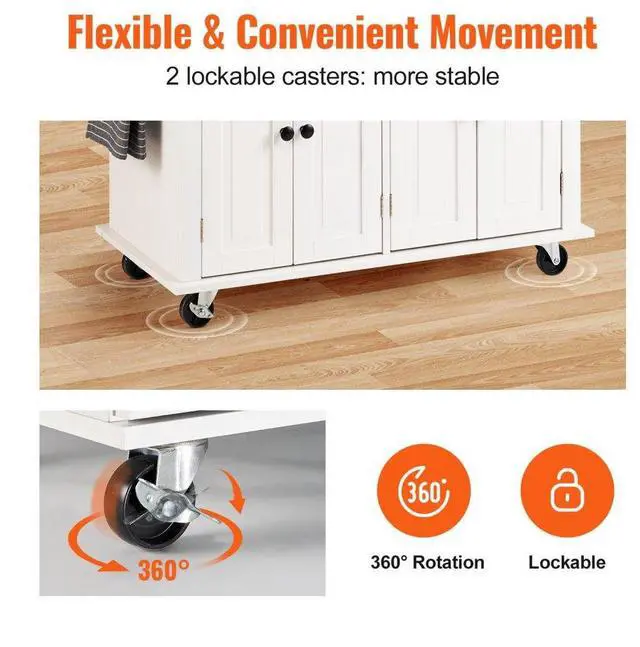 Alt view image 3 of 7 - VEVOR Kitchen Island Cart with Solid Wood Top, 35.4" Width Mobile Carts with Storage Cabinet, Rolling Kitchen Table with Spice Rack, Towel Rack, and Drawer, Portable Islands on Wheels, White