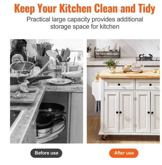 Alt view image 4 of 7 - VEVOR Kitchen Island Cart with Solid Wood Top, 35.4" Width Mobile Carts with Storage Cabinet, Rolling Kitchen Table with Spice Rack, Towel Rack, and Drawer, Portable Islands on Wheels, White